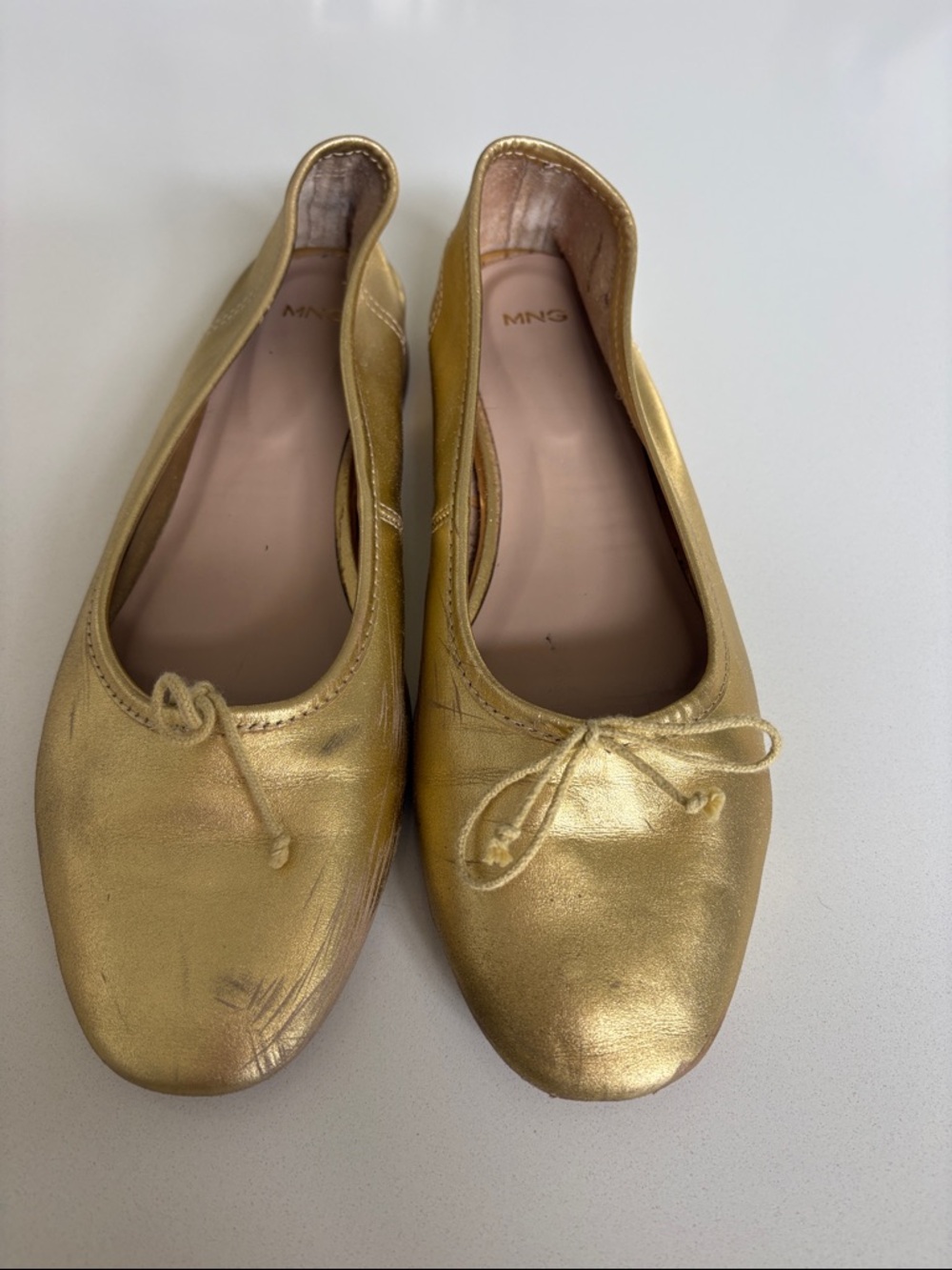 Mango Metallic Gold Ballet Flats with Bow Accent. Size 39